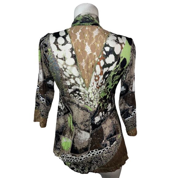 Alberto Makali Top Green Brown 2-fer Lace 3/4 Sleeve Embellished Blouse Size S - Picture 7 of 9